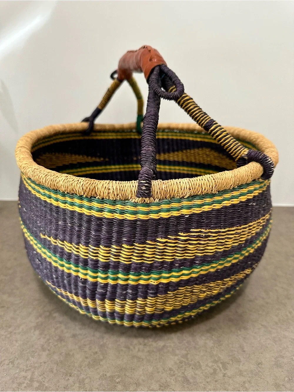 Large Bolga Basket Woven Striped Storage Basket Leather Handle Multicolor Ghana
